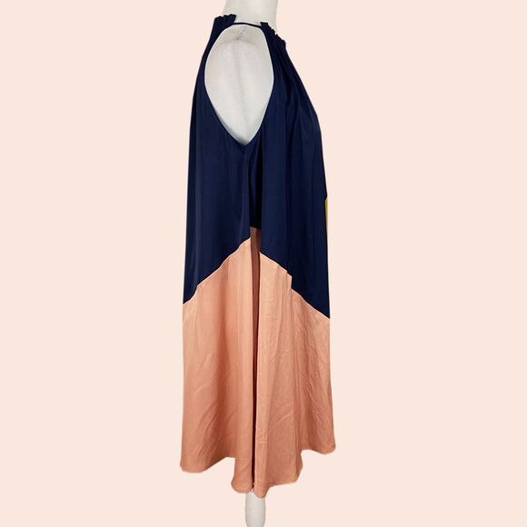LOFT Colorblock Halter Swing Dress Size XS Navy Gold Peachy-Pink Light & Flowy - Picture 5 of 7